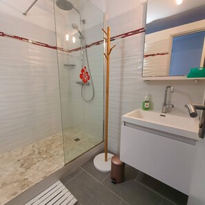Shower, hair dryer, towels, soap