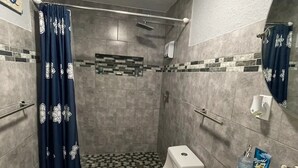 Une salle de bain avec douche, toilettes et lavabo.