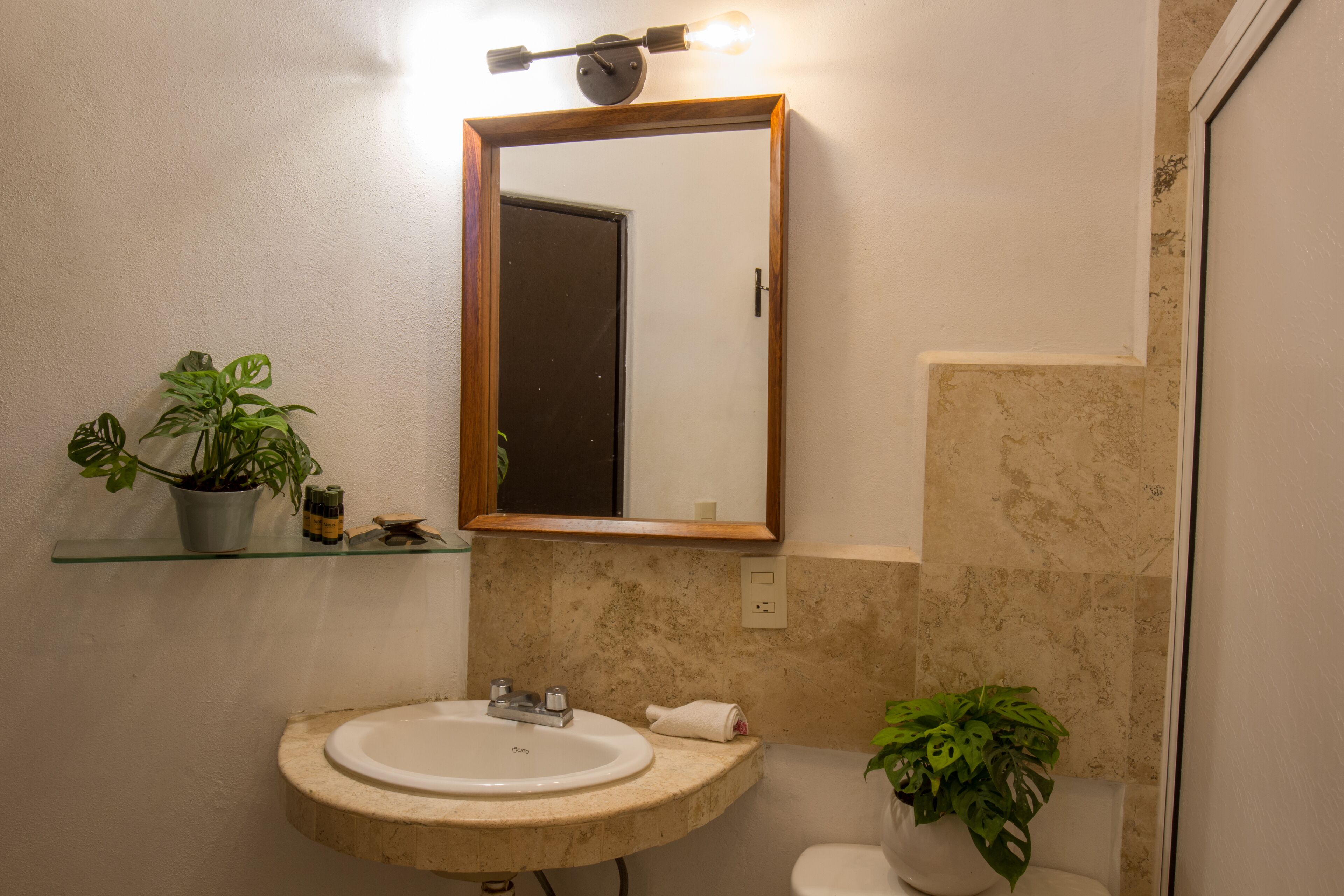 A bathroom with a wooden-framed mirror, a round sink, and two potted plants.