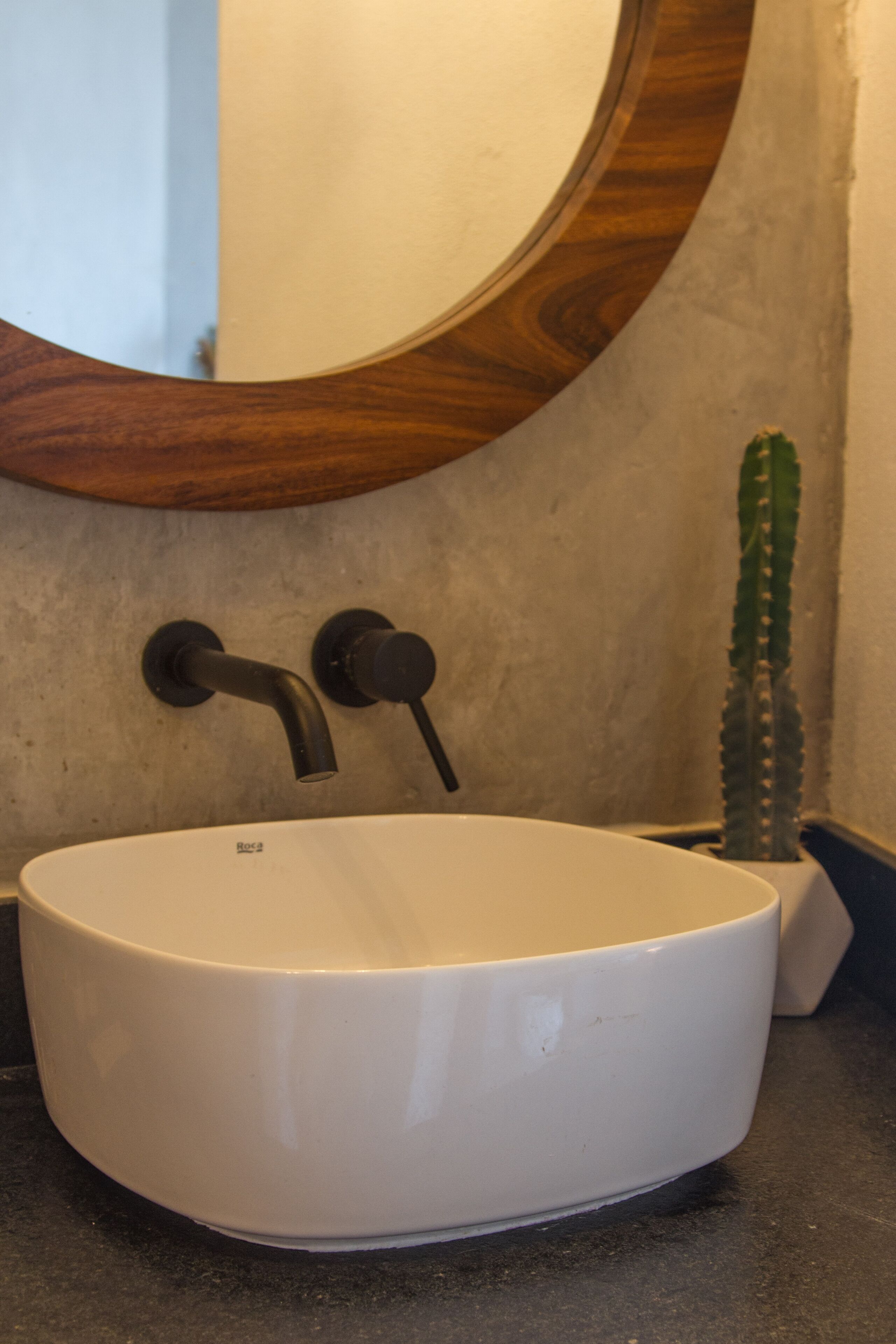 A white ceramic sink with two black faucets, a wooden-framed mirror above it, and a cactus plant to the right.