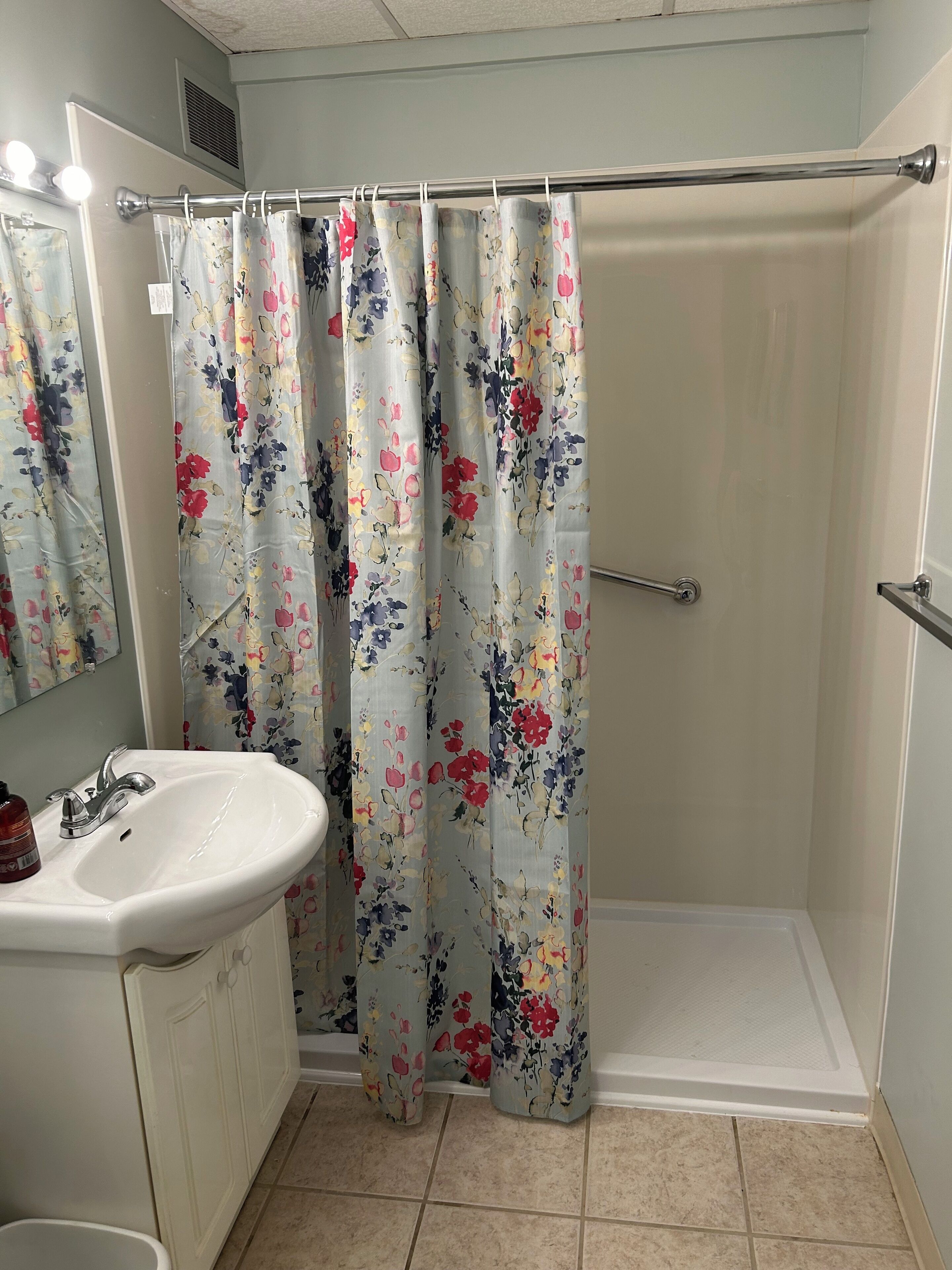 Combined shower/bathtub, soap, shampoo, toilet paper