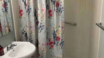 Combined shower/bathtub, soap, shampoo, toilet paper