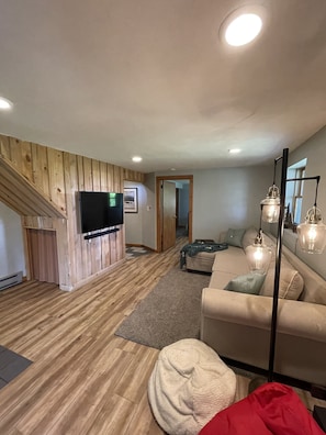 Smart TV, chimenea, libros y estéreo