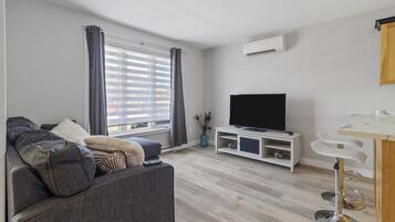 TV connectée, cheminée, écrans d'ordinateur