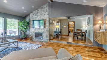 Smart TV, fireplace, books