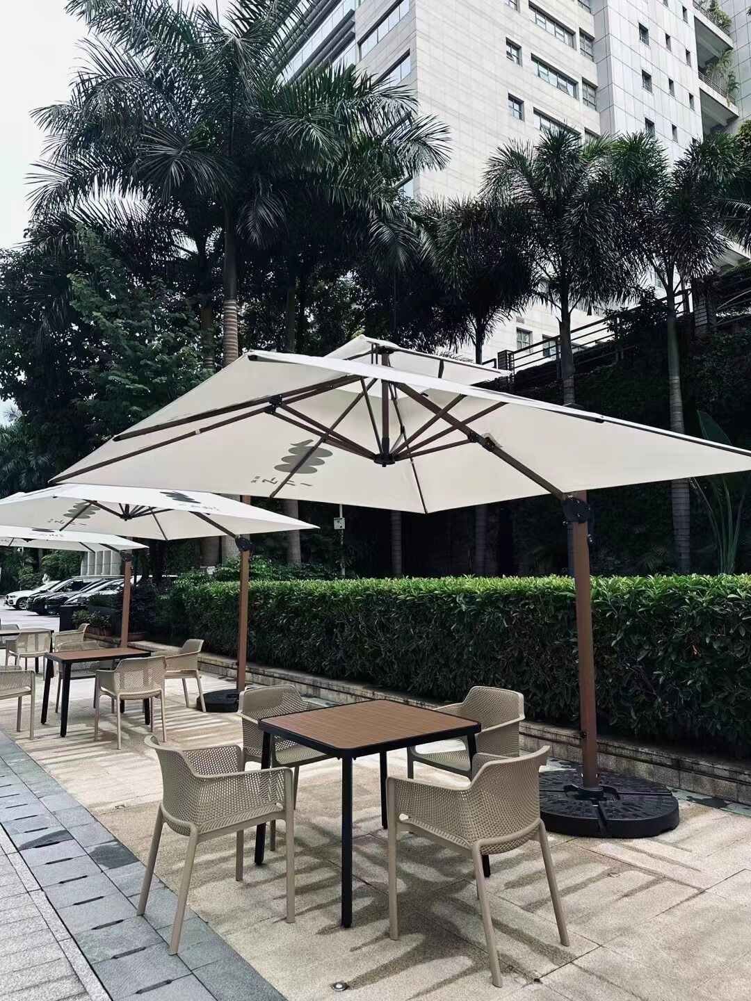 Outdoor seating with umbrellas, tables, and chairs, surrounded by palm trees and a hedge.