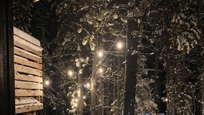 A snow-covered outdoor area with wooden benches and railings, illuminated by string lights. - Black Spruce - Red Door  (Whitehorse)