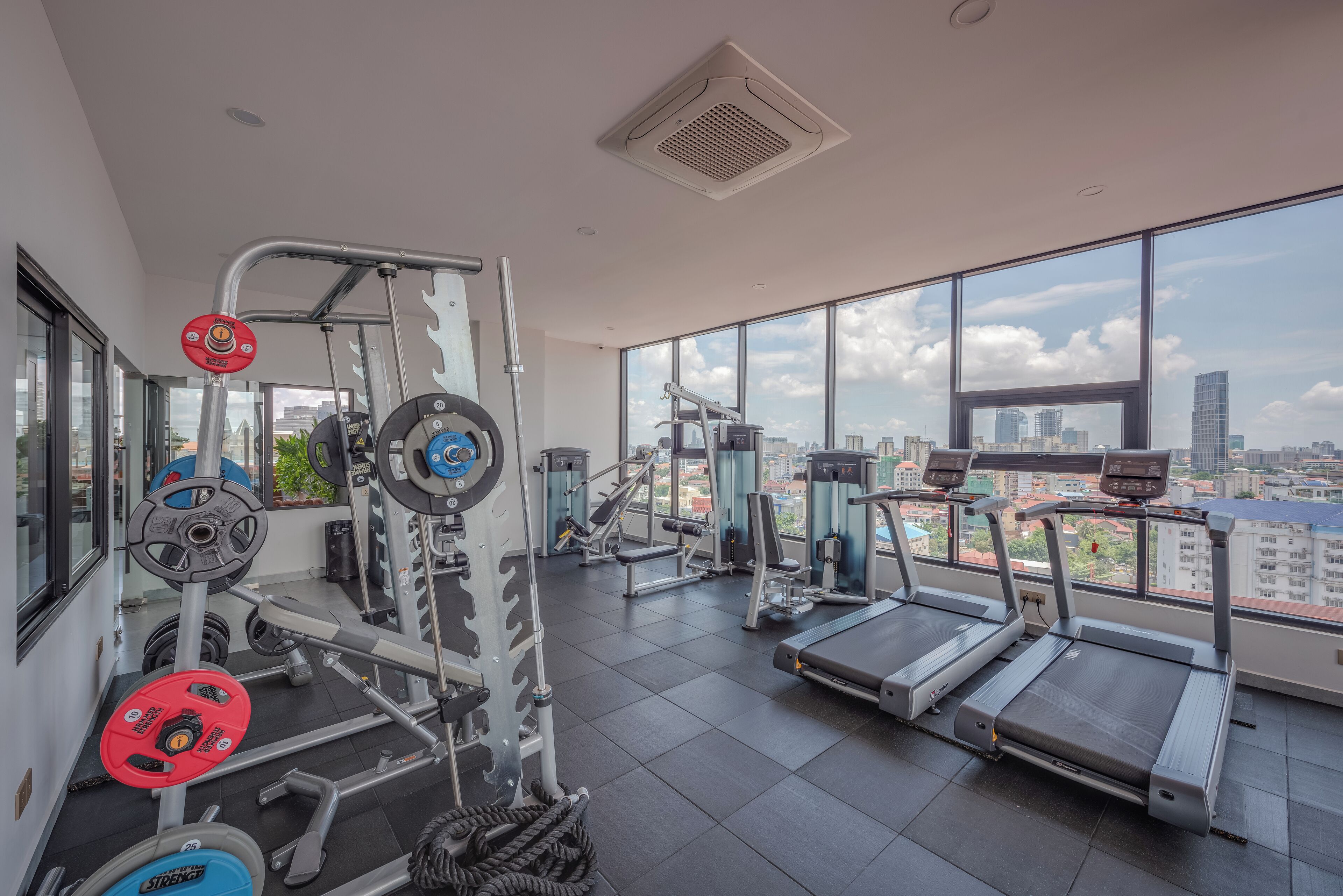 A modern gym with weightlifting equipment, treadmills, and large windows offering a city view.