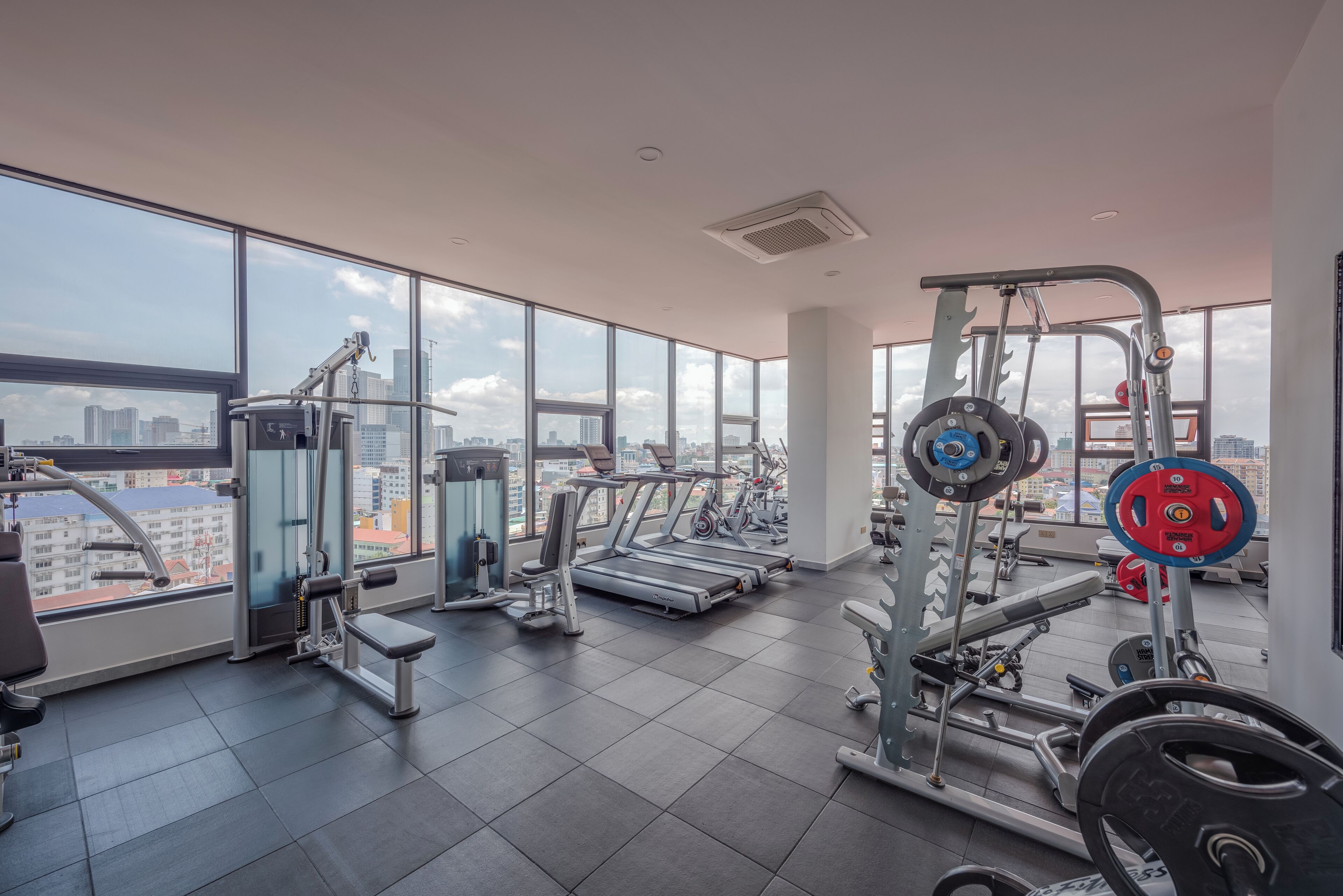 Ein Fitnessstudio mit Laufbändern, Kraftgeräten und Kurzhanteln, große Fenster mit Blick auf die Stadt.