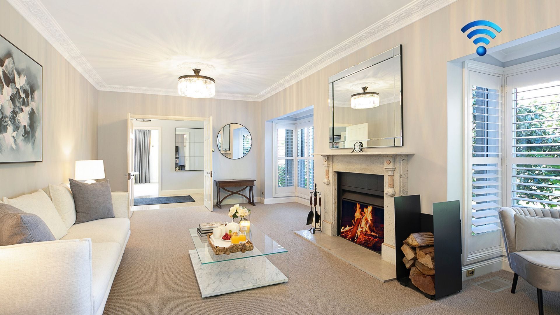 Smart TV, fireplace, computer monitors