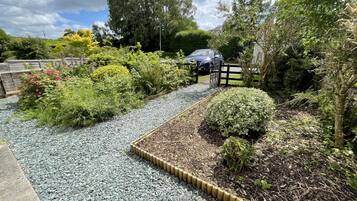 A garden pathway with gravel and mulch, surrounded by various plants and shrubs.