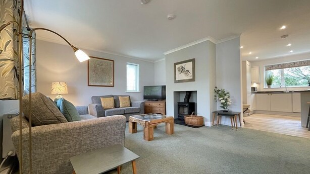 A modern living room with a sofa, a coffee table, a fireplace, and a kitchen area with cabinets and a window.