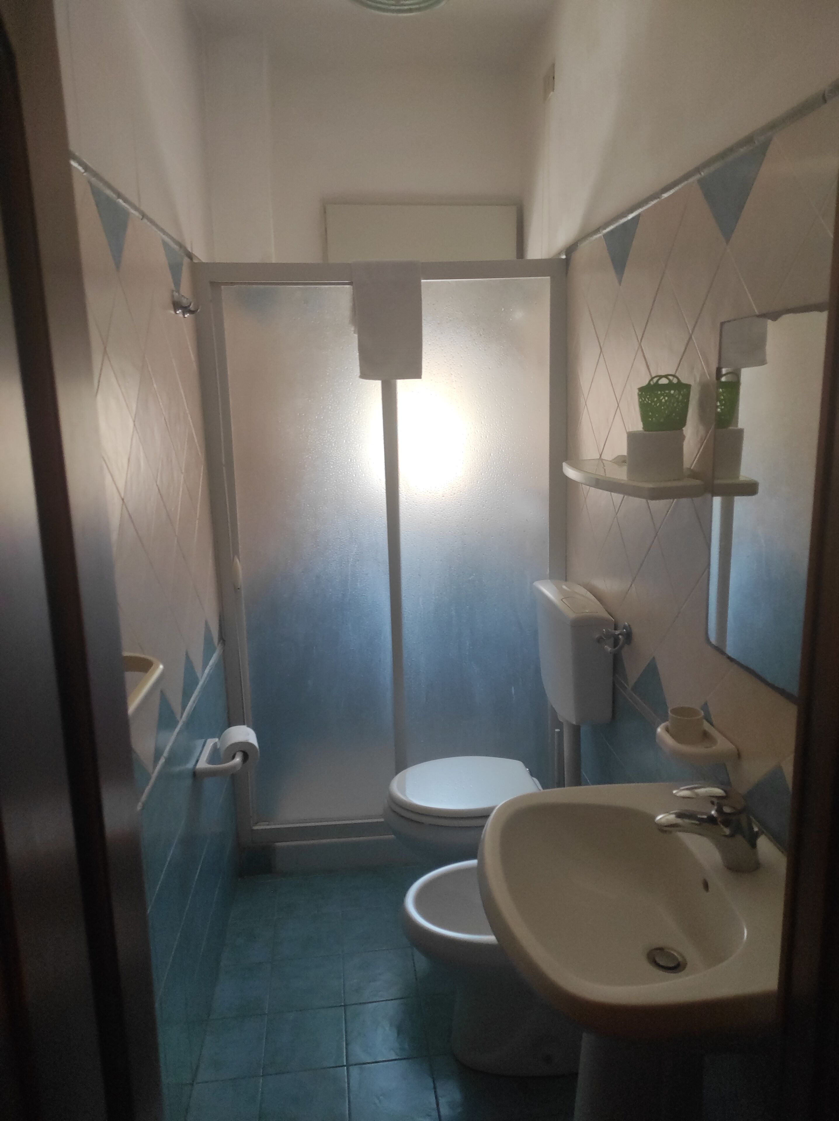 Ein kleines Badezimmer mit Toilette, Waschbecken und Dusche.