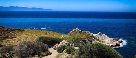 A coastal path with a clear view of the ocean and distant mountains.