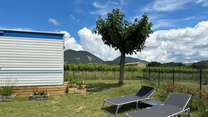 A grassy outdoor area with two lounge chairs, a tree, and a vineyard in the background. - Gîte Mobil-home in Drôme Provençale (Saint-Pantaléon-les-Vignes)