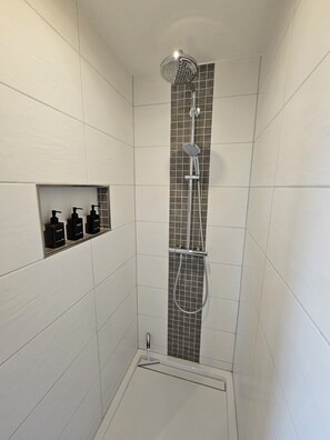 Hair dryer, towels, soap, shampoo