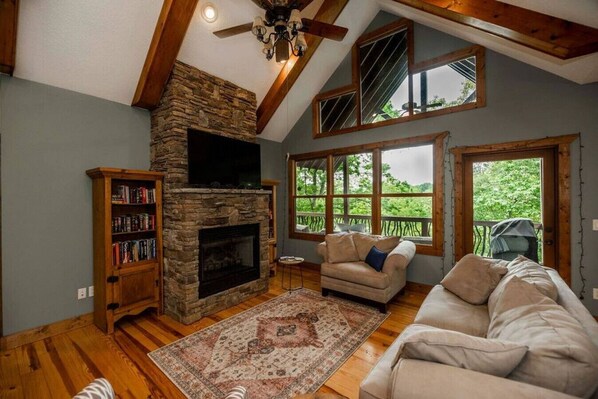 Smart TV, fireplace, books