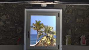 A window with a view of palm trees and the ocean. - Villa Raj Mahal, 2 minutes from the beach (Saint Paul)