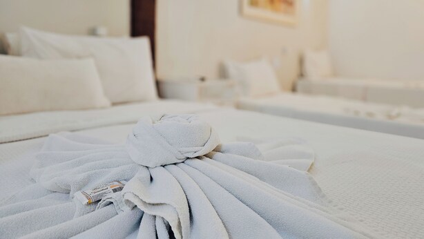 Una cama bien hecha con una toalla doblada y una pequeña etiqueta, un sofá blanco y un cuadro en la pared de una habitación de hotel.
