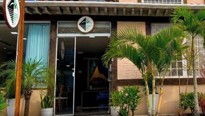 Un edificio tradicional con techo de tejas, entrada de vidrio y plantas en macetas alrededor.