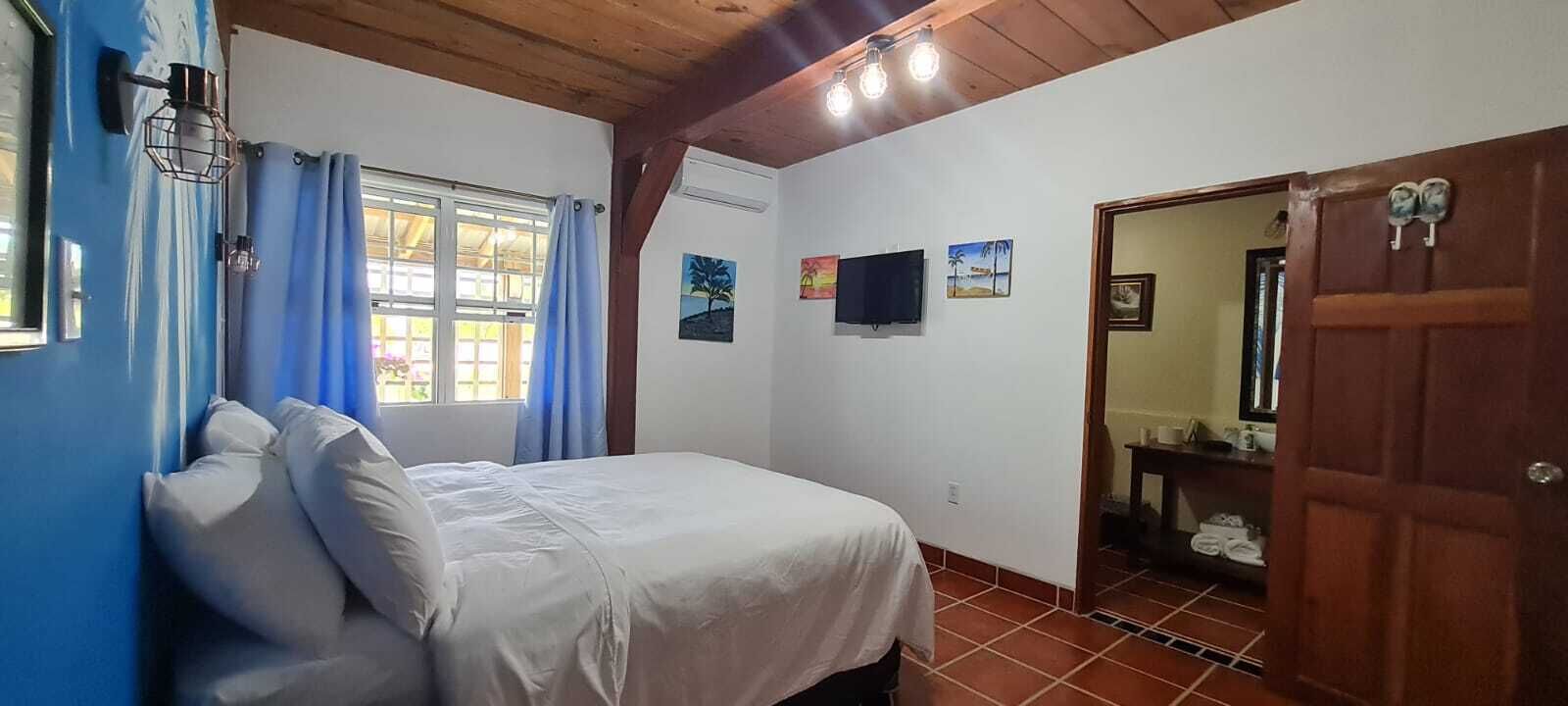 Une chambre à coucher avec un lit, une fenêtre avec des rideaux, un téléviseur fixé au mur et une porte donnant sur une autre pièce.