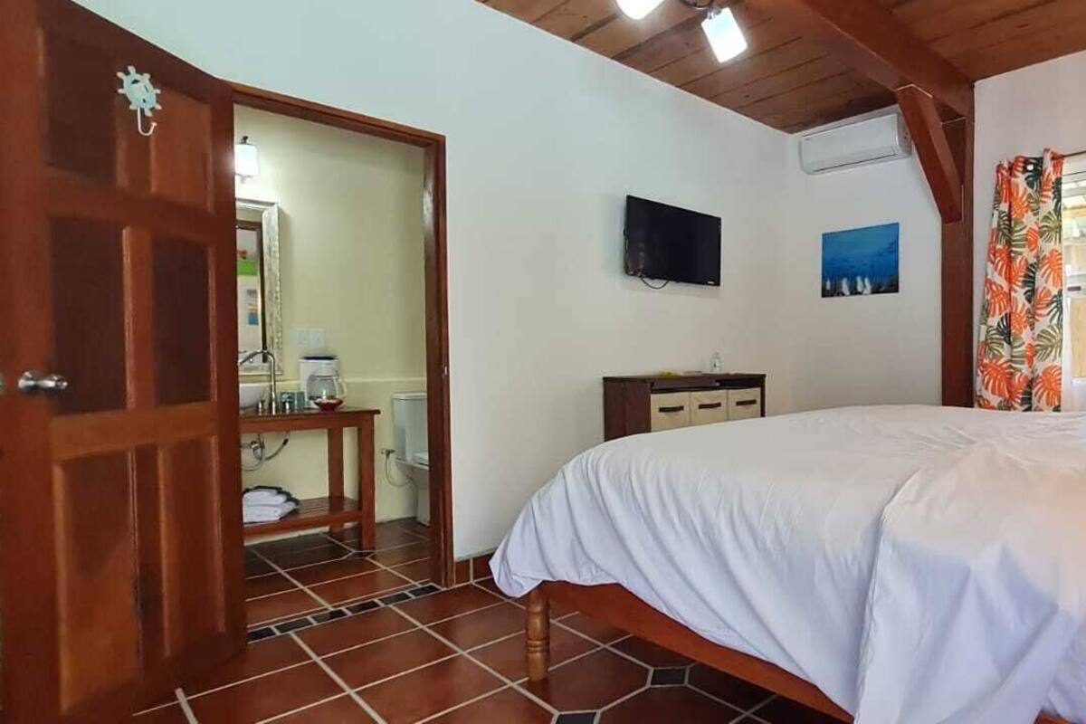 A bedroom with a bed, a wooden door, a TV, a small table, and a window with curtains.