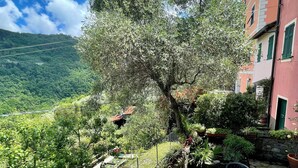Una terraza con mesa y sillas, con vistas a un jardín exuberante y una ladera.