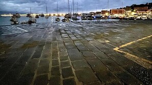 Un puerto deportivo con barcos amarrados, un paseo marítimo pavimentado y edificios al fondo.