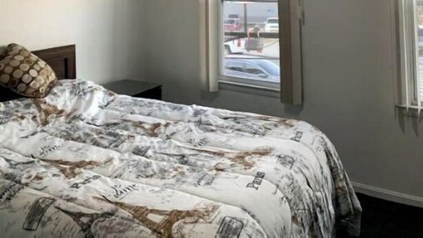 A bedroom with a bed, a painting on the wall, and a window with a view of the outside. - Close to JFK and Laguardia Air ports (Queens)