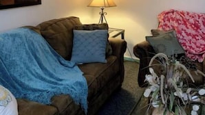 A living room with a brown sofa, a blue blanket, a lamp, a framed picture, and a potted plant. - Close to JFK and Laguardia Air ports (Queens)
