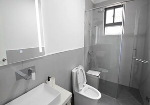 Shower, towels, soap, shampoo