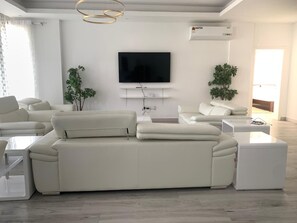 Una Smart TV, una biblioteca de música, una pantalla de ordenador