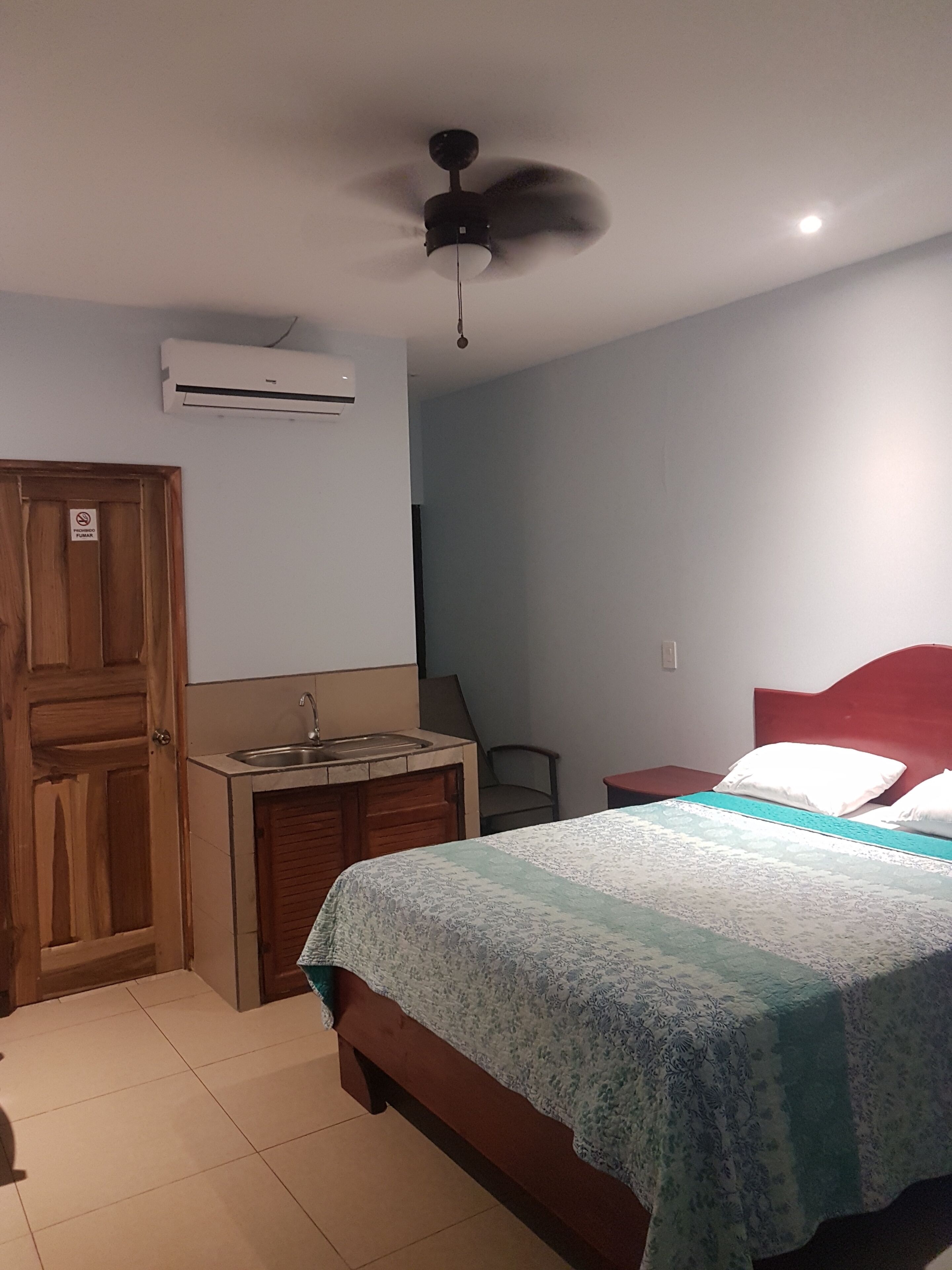 A bedroom with a bed, a ceiling fan, a sink, and a door.
