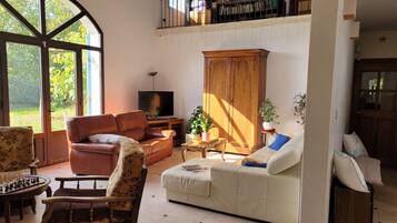 電視、壁爐、DVD 播放機、書籍