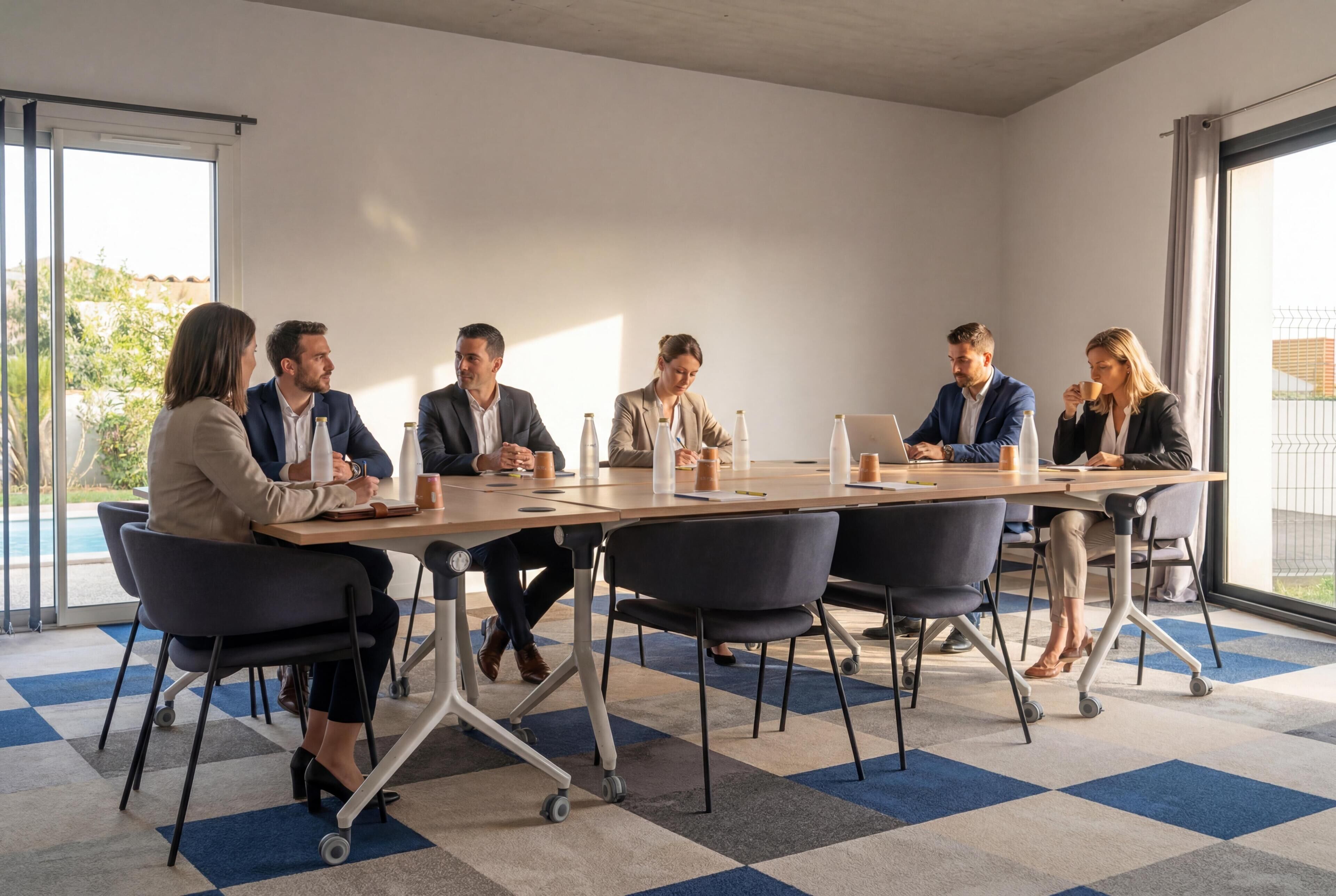 Une salle de conférence équipée d’une grande table, de chaises et d’un ordinateur portable.