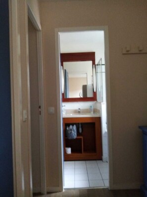Shower, hair dryer, towels, toilet paper