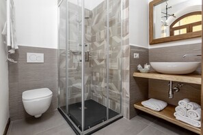 Shower, hair dryer, bidet, towels