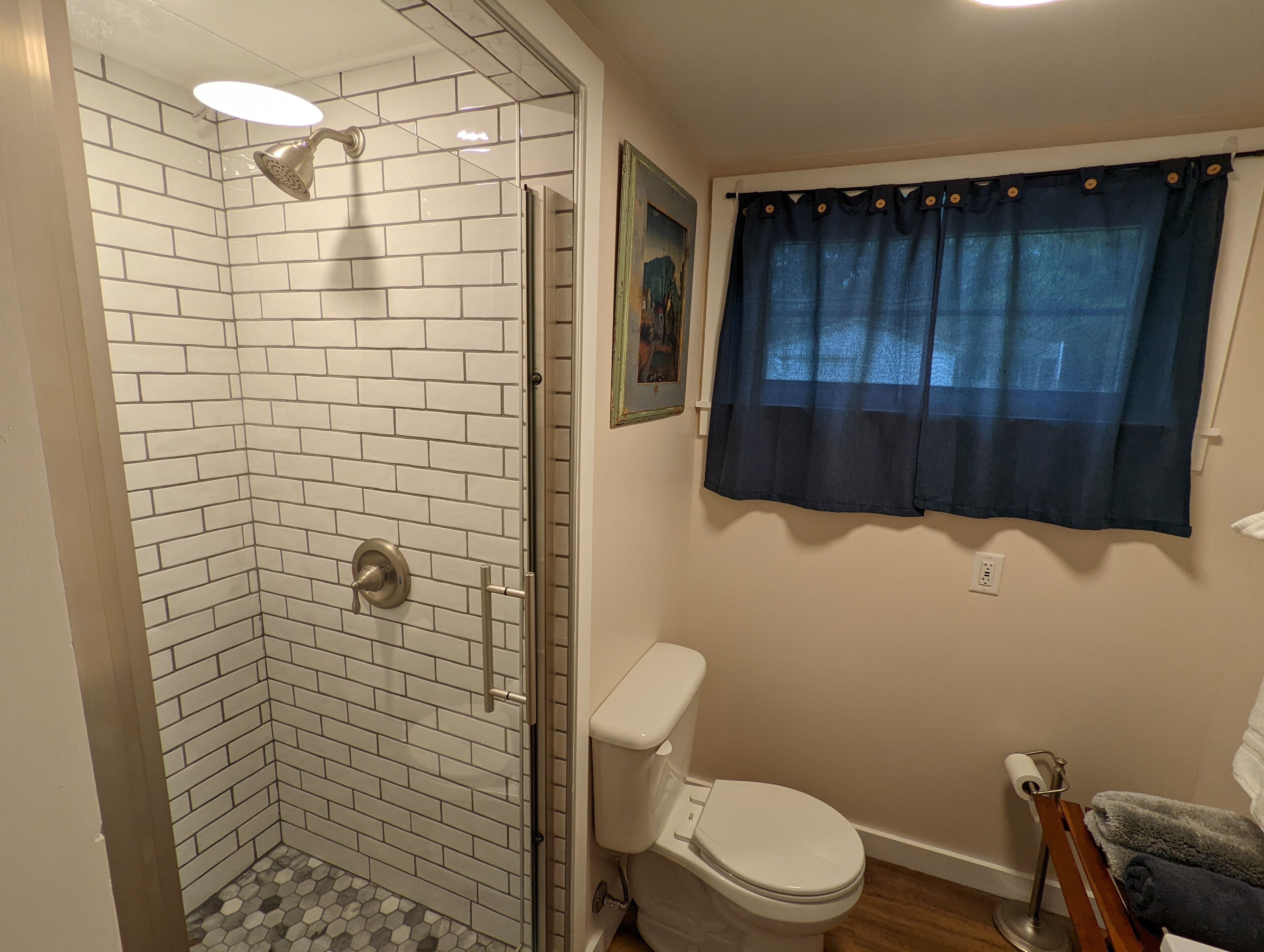 A bathroom with a shower, toilet, and a window with curtains.