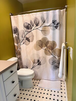 Combined shower/bathtub, hair dryer, towels, soap