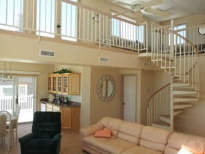 TV, fireplace, books