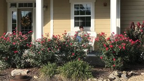 Une maison avec un porche, une personne assise sur une chaise en train de lire un livre, et un jardin avec des fleurs roses.