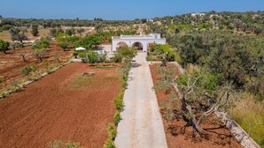A white building with an arched entrance, surrounded by olive trees and a dirt path leading to it. - Villa Cucunci by BarbarHouse (Ostuni)