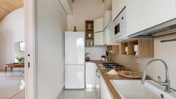 Fridge, microwave, oven, stovetop