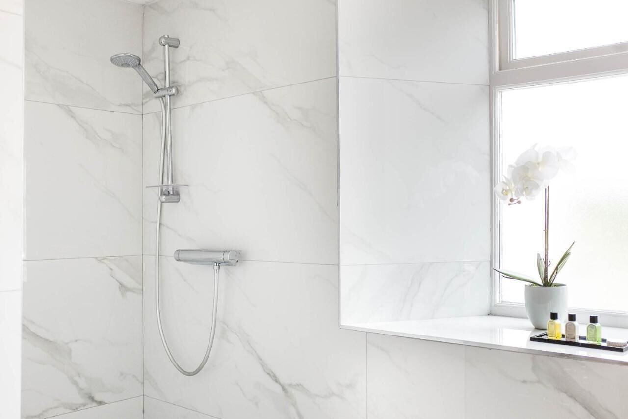 Combined shower/bathtub, hair dryer, towels, soap