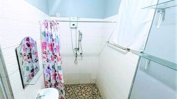 Combined shower/tub, towels, soap, toilet paper