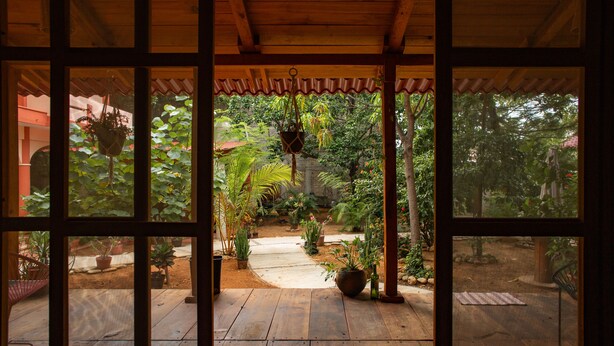 Une terrasse en bois agrémentée de plantes en pot et un chemin de pierres menant à un jardin.