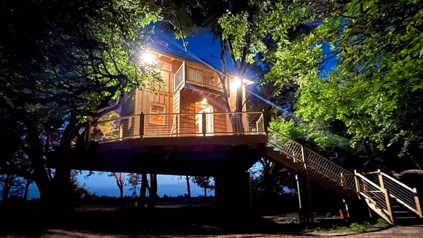 A treehouse with a wooden exterior, a staircase, and a railing. - Sunset Reset TreeHouse (Darlington)