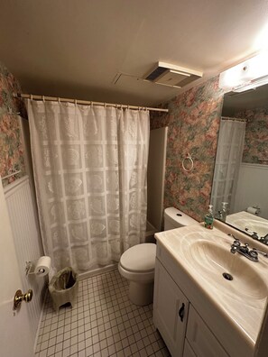 Ducha y bañera combinadas, toallas, jabón y champú