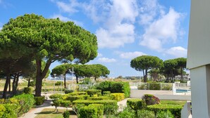 Un jardín ajardinado con setos podados y grandes árboles, un camino y vistas al mar.