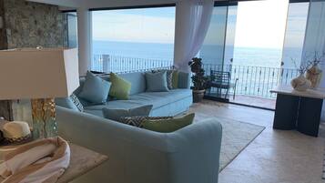 TV connectée, cheminée, livres, chaîne hi-fi